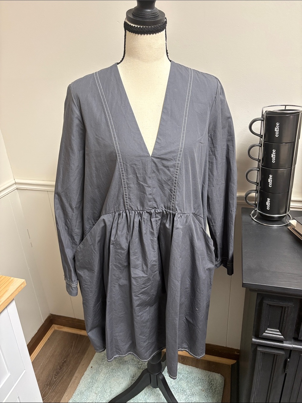Zara Charcoal Gray V-Neck Long Sleeve Gathered Dress